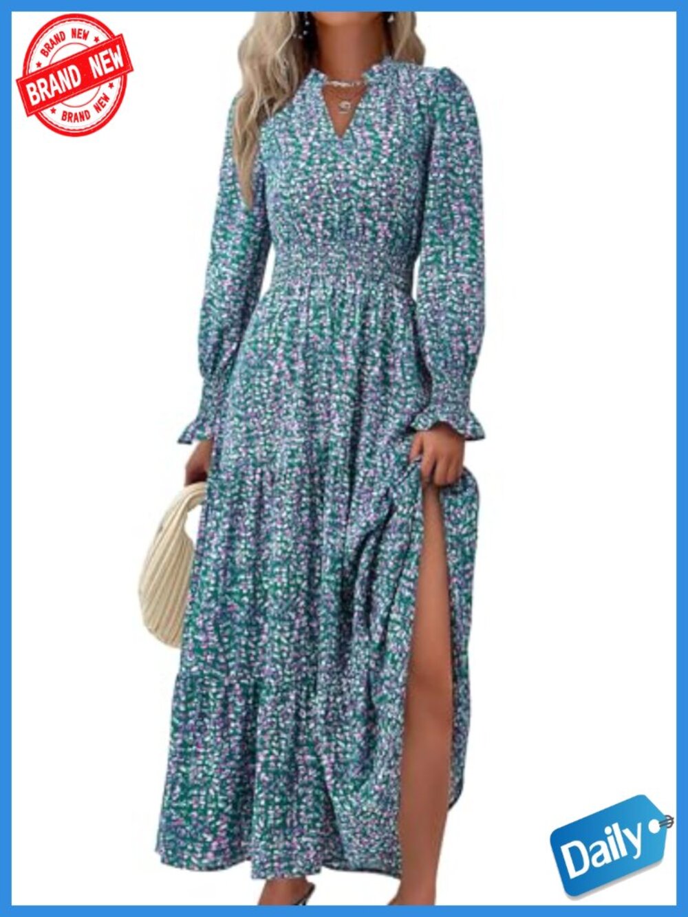 Women's Floral Maxi Dress Long Sleeve V Neck A Line Flowy Boho Party Dresses